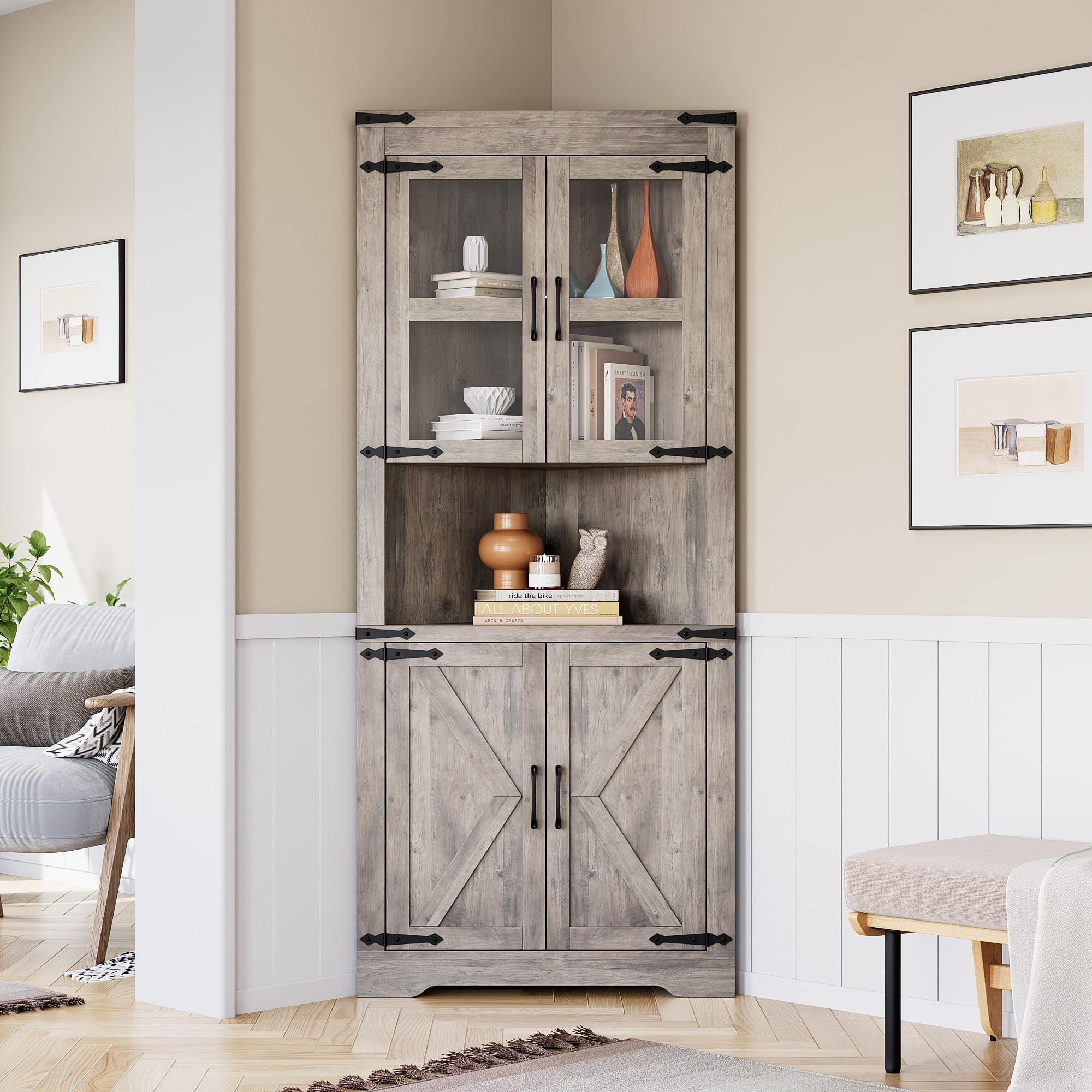 COZONY 67" Farmhouse Tall Corner Cabinet w/ Barn Doors, 5 Tier Bookcase Storage Cabinet with Adjustable Shelves, Freestanding Cabinet Organizer for Bathroom,Living Room,Kitchen,Washed Ash