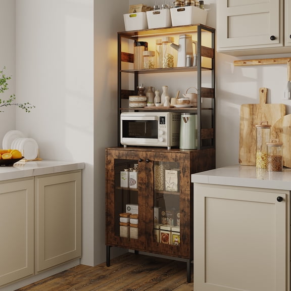 COZONY 67" Tall Bar Cabinet with Power Outlets and LED Lights, Farmhouse Coffee Bar with Glass Doors, Adjustable Shelves for Kitchen, Dining Room,Brown