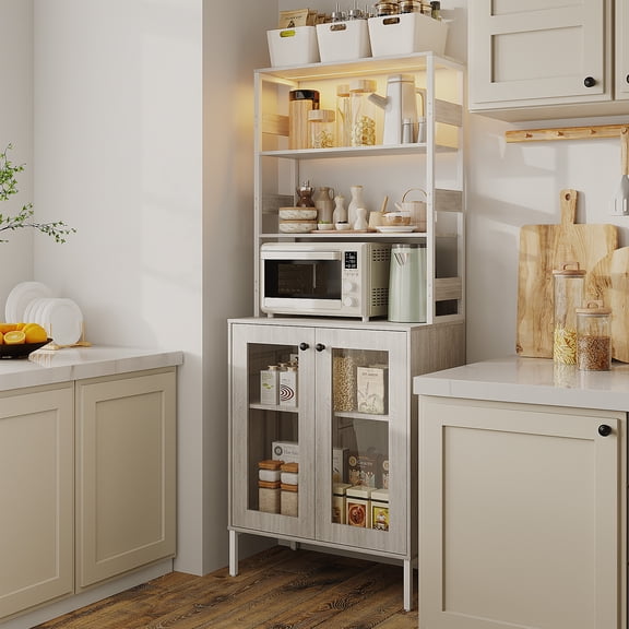 COZONY 67" Tall Bar Cabinet with Power Outlets and LED Lights, Farmhouse Coffee Bar with Glass Doors, Adjustable Shelves for Kitchen, Dining Room,Gray