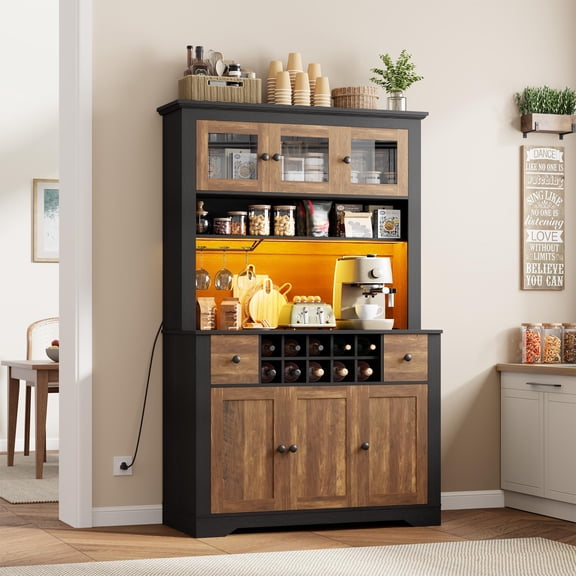 COZONY 68.7" Farmhouse Coffee Bar Cabinet with LED Light and Power Outlet, Kitchen Hutch with Drawers, Wine Rack for Dining Room, Living Room,Black+Brown