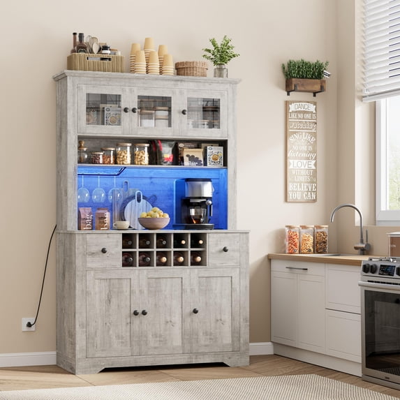 COZONY 68.7" Farmhouse Coffee Bar Cabinet with LED Light and Power Outlet, Kitchen Hutch with Drawers, Wine Rack for Dining Room, Living Room,Gray