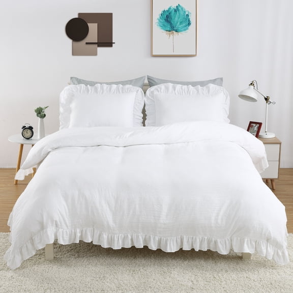 COZONY 68*90inch Ruffle Duvet Cover Set, 3pc Farmhouse Shabby Vintage Ruffled Bedding Set w/ Soft Quilt Cover,White