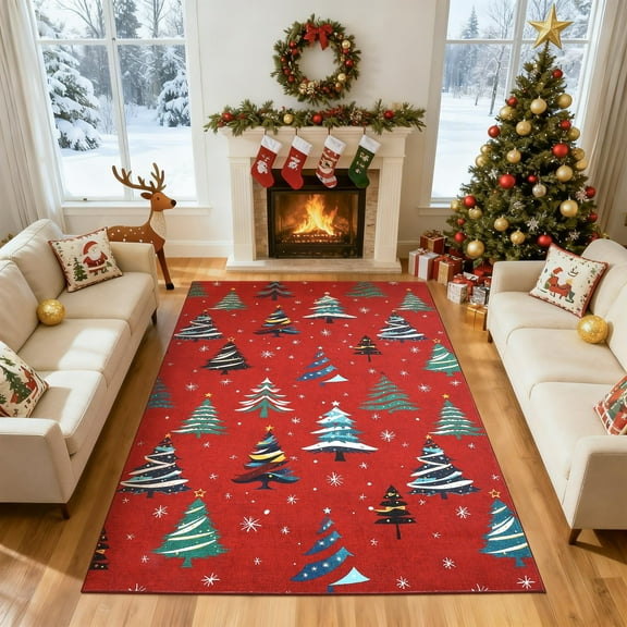 COZONY 6x9 Christmas Area Rug, Non-Slip Washable Low Pile Large Rug, Xmas Tree Pattern, Red, Holiday Decor for Living Room & Bedroom