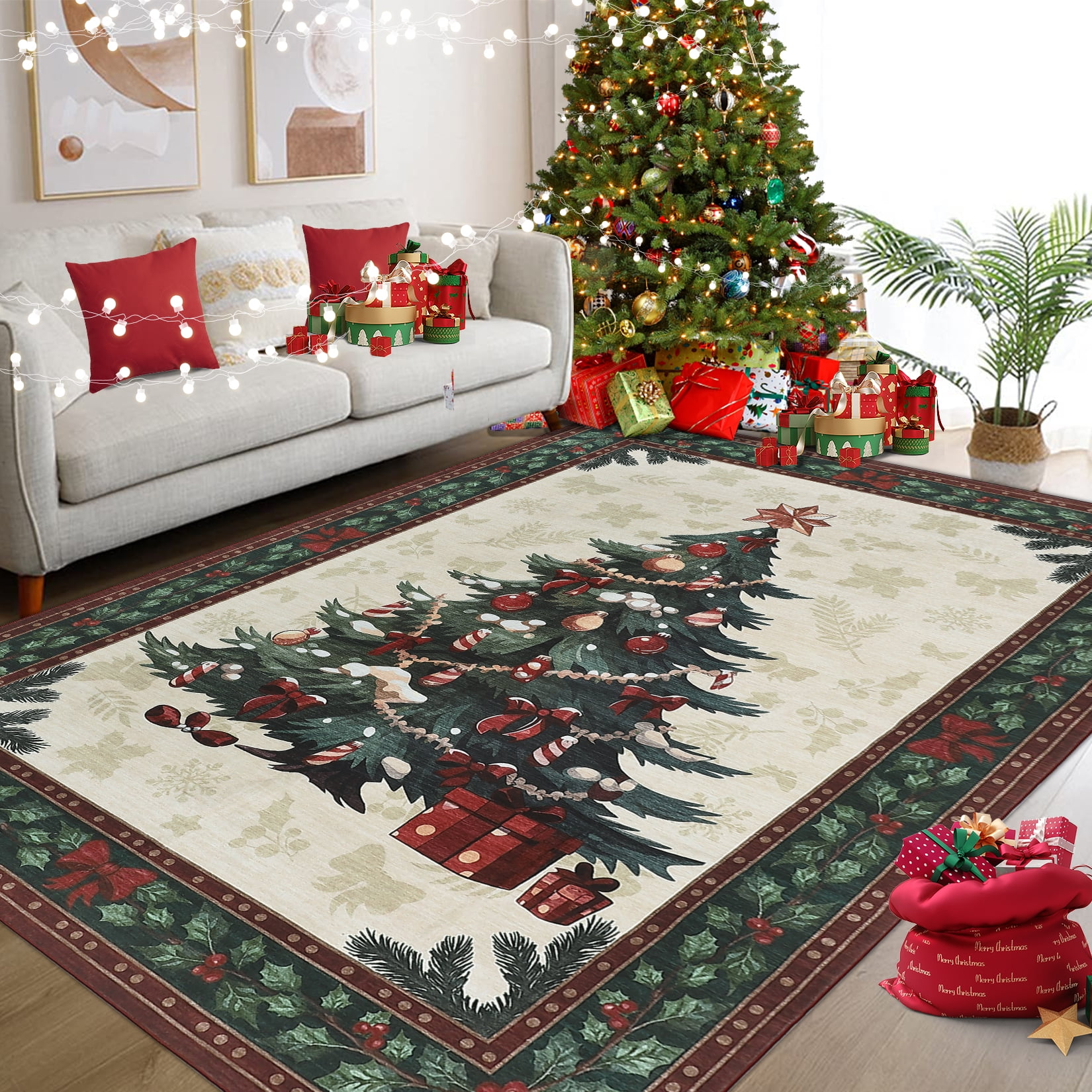 COZONY 6x9ft Christmas Tree Area Rug, Large Washable Non-Slip Festive ...