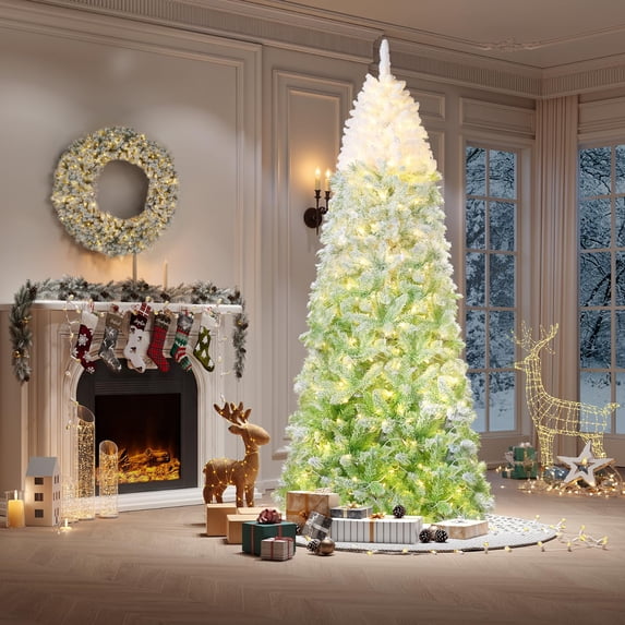 COZONY 7.5FT Green Prelit Snow Flocked Pencil Christmas Tree w/ Foldable Base for Holiday Decoration