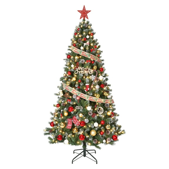 COZONY 7.5ft Pre-Decorated Christmas Tree, Flocked with Pine Cones, 350 PVC Branch Tips, Hinged Metal Stand, Artificial Xmas Tree
