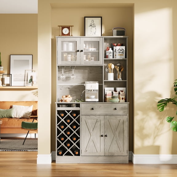 COZONY 71‑Inch Kitchen Hutch Cabinet with Acrylic Doors, White & Light Walnut Top, Pantry Organizer for Dining Room & Kitchen Storage,Gray
