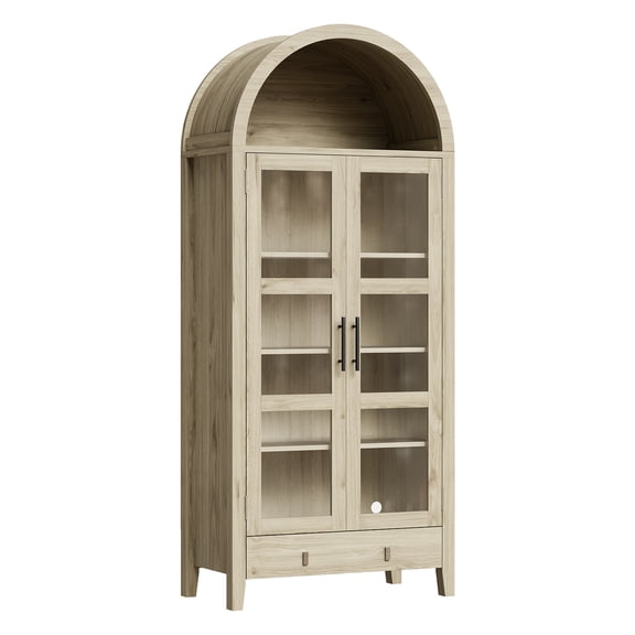 COZONY 71" Tall Arched Kitchen Pantry Cabinet with LED Lights, Open and Adjustable Shelves, Hidden Drawer, Glass Door for Dining Room,Wood color