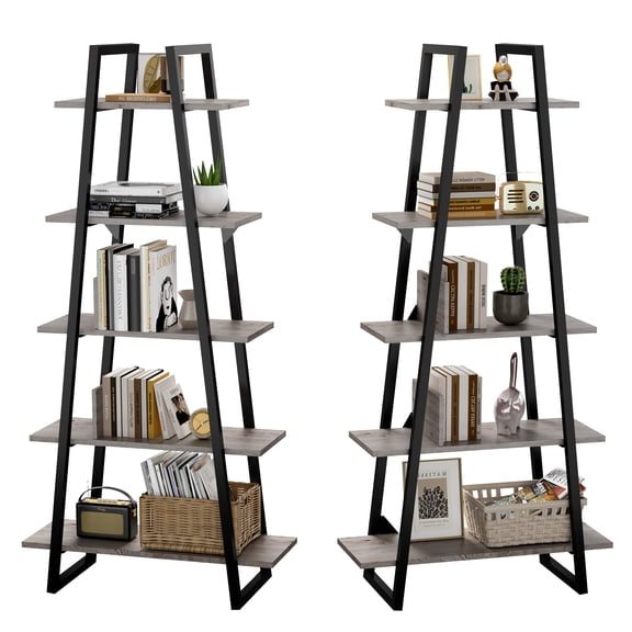 COZONY 72" A-Shape Ladder Bookcase with Metal Frame and 5 Adjustable Wood Shelves, Industrial Bookshelf for Living Room, Bedroom, Office,Dark grey wood grain
