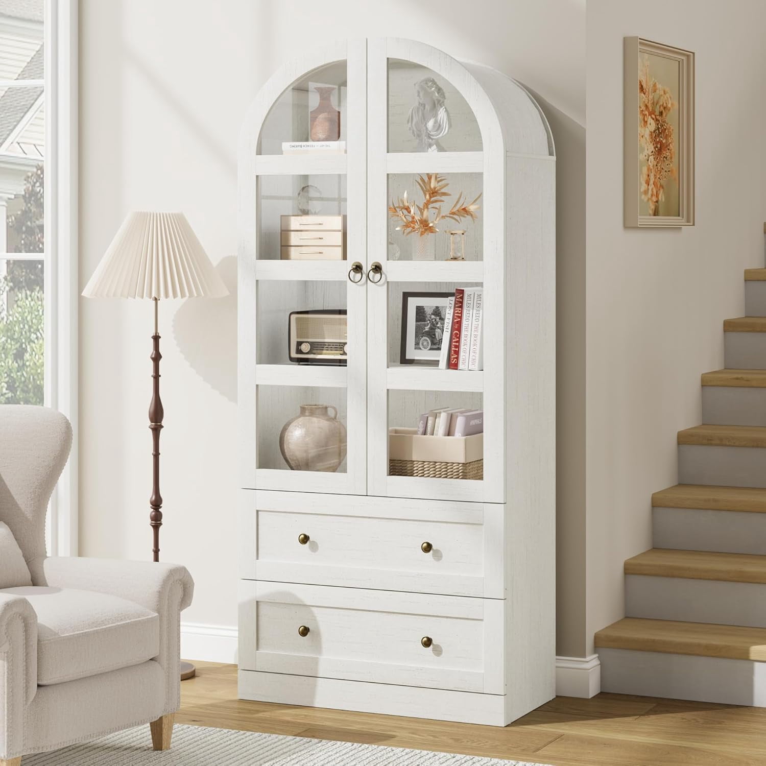 COZONY 72" Tall Arched Kitchen Pantry Cabinet, Farmhouse Wooden Storage with 2 Drawers & Wood Doors, Freestanding Buffet for Dining & Living Room,Antique White