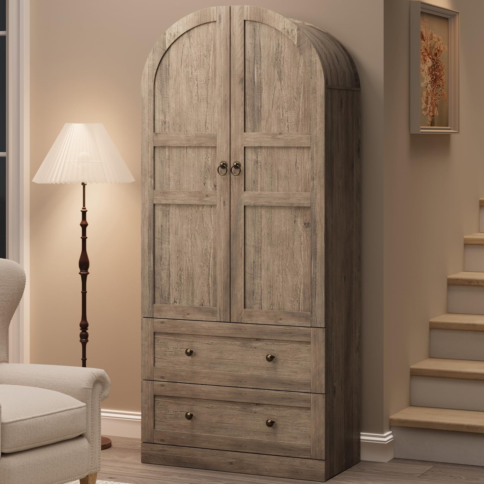 COZONY 72" Tall Arched Kitchen Pantry Cabinet, Farmhouse Wooden Storage with 2 Drawers & Wood Doors, Freestanding Buffet for Dining & Living Room,Gray