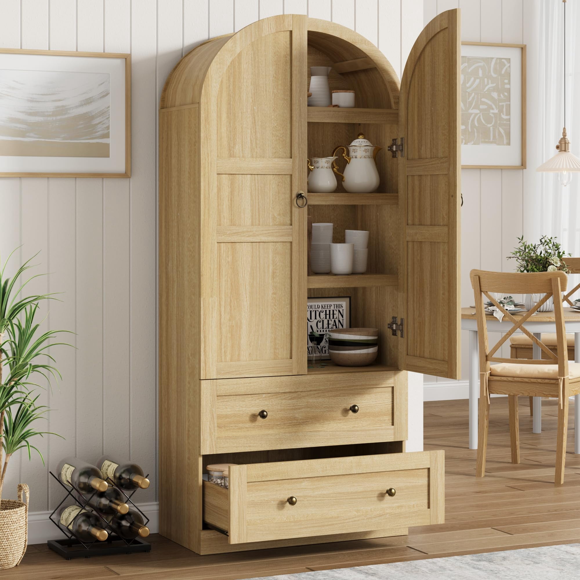 COZONY 72" Tall Arched Kitchen Pantry Cabinet, Farmhouse Wooden Storage with 2 Drawers & Wood Doors, Freestanding Buffet for Dining & Living Room,Wood color