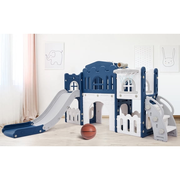 COZONY 8-in-1 Toddler Climbing Frame and Slide, Indoor Play Set with Tunnel Basketball Hoop for Kids Age 1-3,Blue