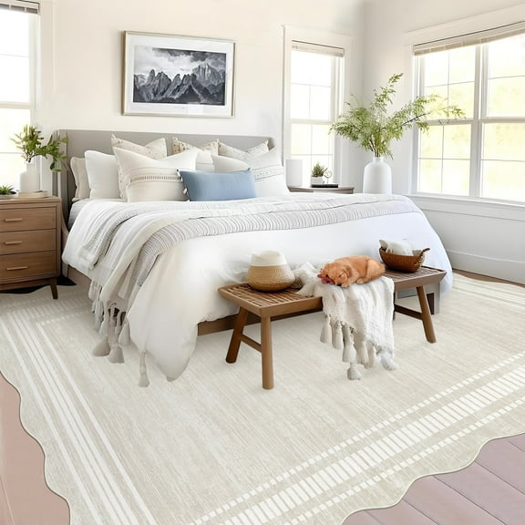COZONY 8'x10' Minimalist Scalloped Washable Area Rug, Non-Slip Low-Pile Carpet for Living Room, Dining Area, Off White
