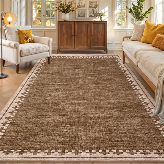 COZONY 8'x10' Modern Bordered Area Carpet, Washable Non-Slip Low Pile Rug for Family Room or Dining Space, Brown