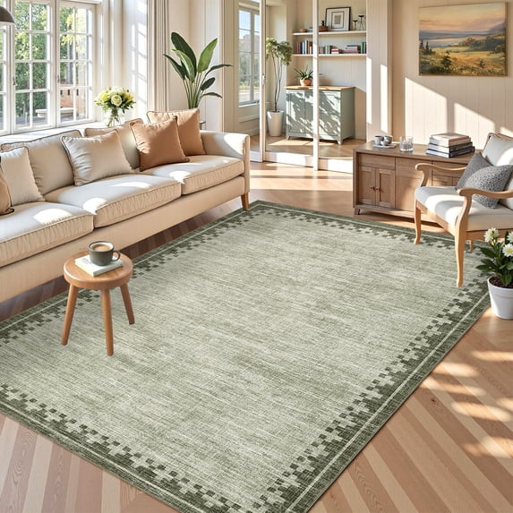 COZONY 8'x10' Modern Bordered Area Rug, Soft Washable Non-Skid Low Pile Carpet for Living Room, Green