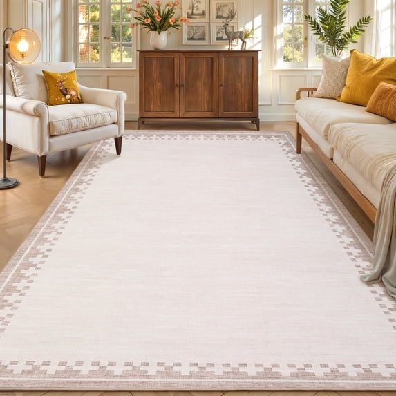 COZONY 8'x10' Modern Bordered Area Rug, Washable Non-Skid Low Pile Soft Carpet for Living Room, Beige
