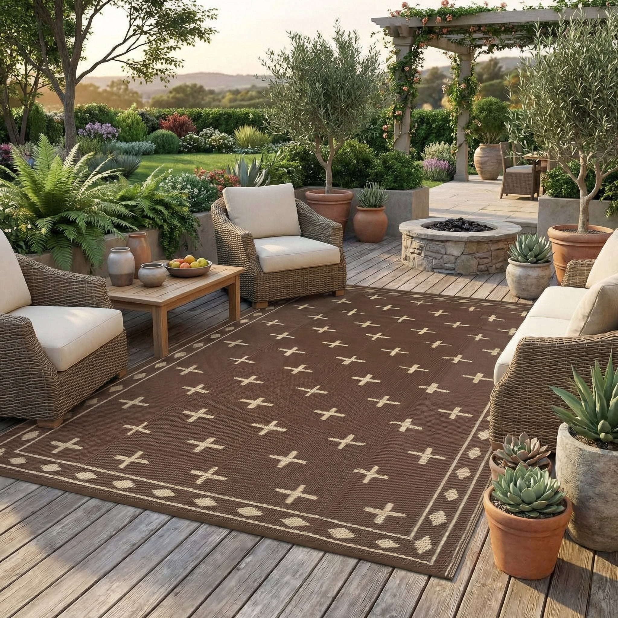 COZONY 8'x10' Outdoor Rug, Reversible Waterproof Plastic Straw Patio Mat, Large RV Camping Rug with Geometric Design for Deck, Bownyard, Beach