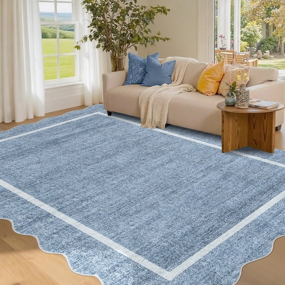 COZONY 8'x10' Washable Scalloped Area Rug, Non-Slip Low Pile Carpet, Stain-Resistant Geometric Floor Mat for Living Room, Blue