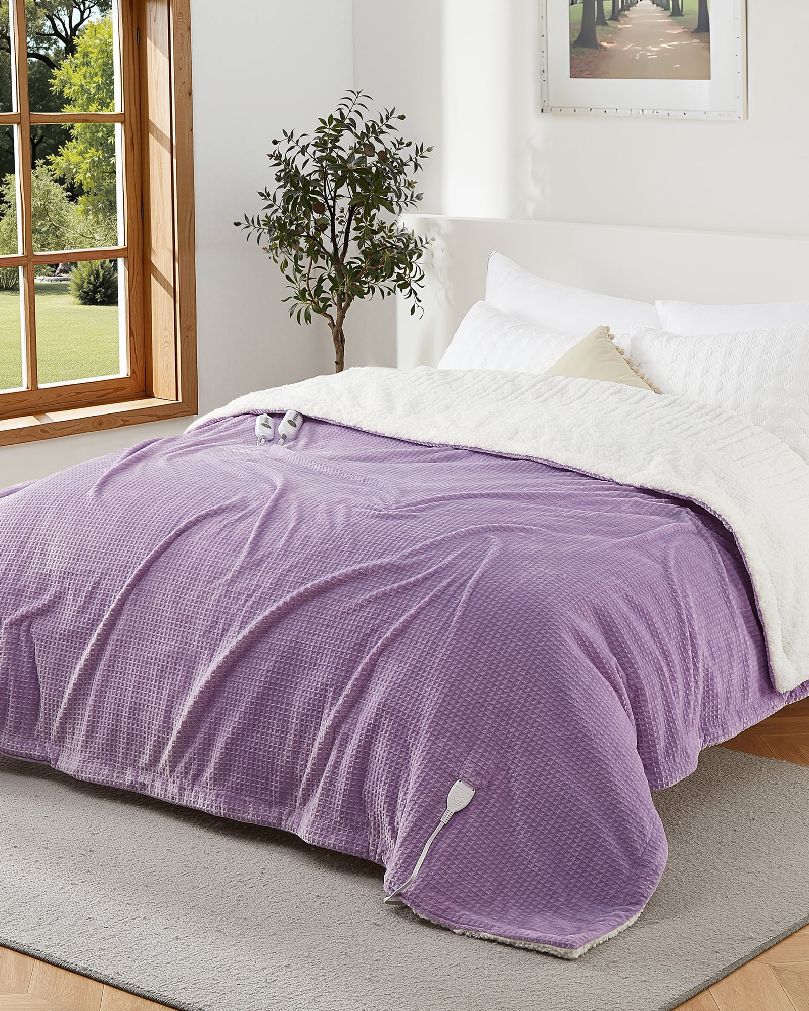 COZONY 84"x90" Electric Heated Blanket, Fast Warm Waffle Flannel Throw, 4 Heat Modes, Dual Control, Auto Shutoff Timer, Machine Washable, Purple