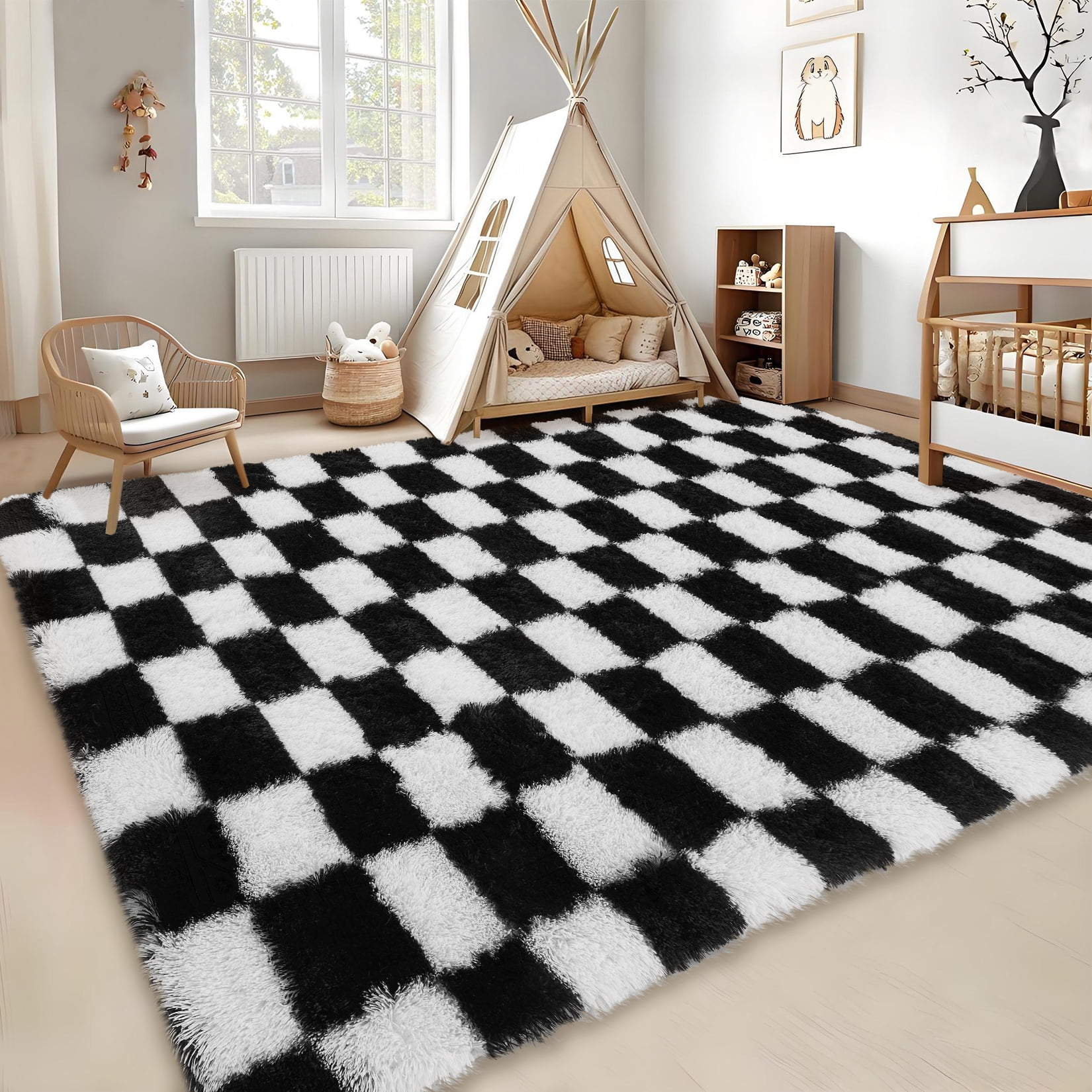 COZONY 8x10 Checkered Thick Area Rug, Large Ultra Soft Shag Plush Carpet for Living Room, Non-Slip Backing, Black