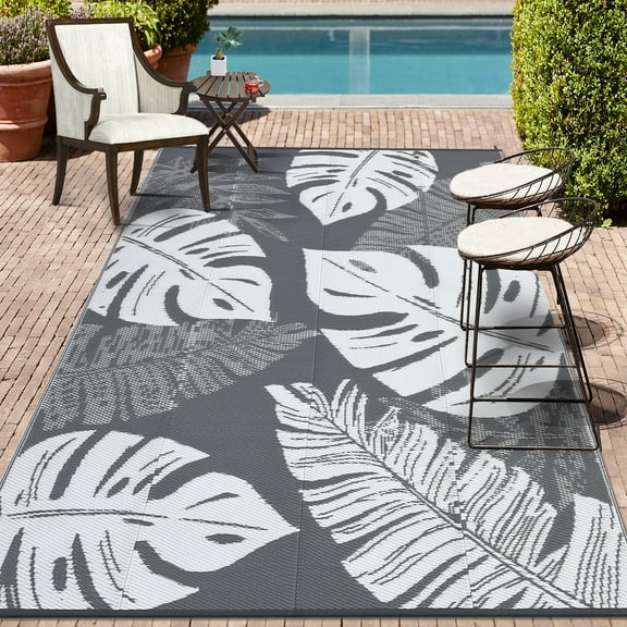 COZONY 8x10 Outdoor Rug, Reversible Waterproof Plastic Straw Patio Rug with Palm Leaf Pattern, Indoor Outdoor RV Mat for Patio Deck Balcony Camping