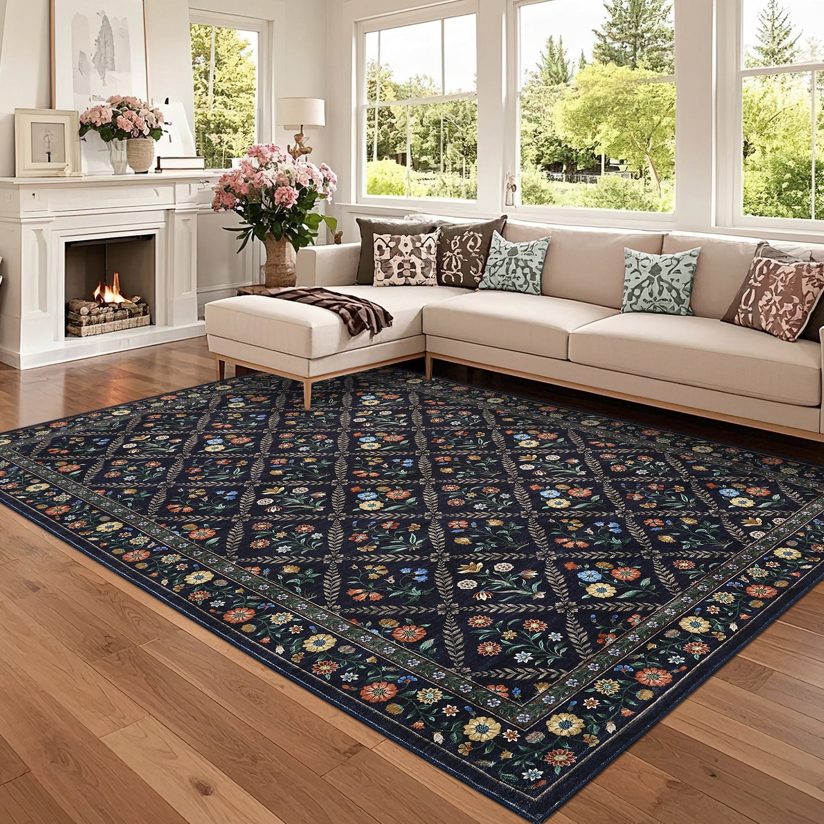 COZONY 8x10 Washable Area Rug, Distressed Vintage Floral, Non-Slip Low Pile Soft Rug for Living Room, Bedroom, Dining Room, Farmhouse Decor, Blue