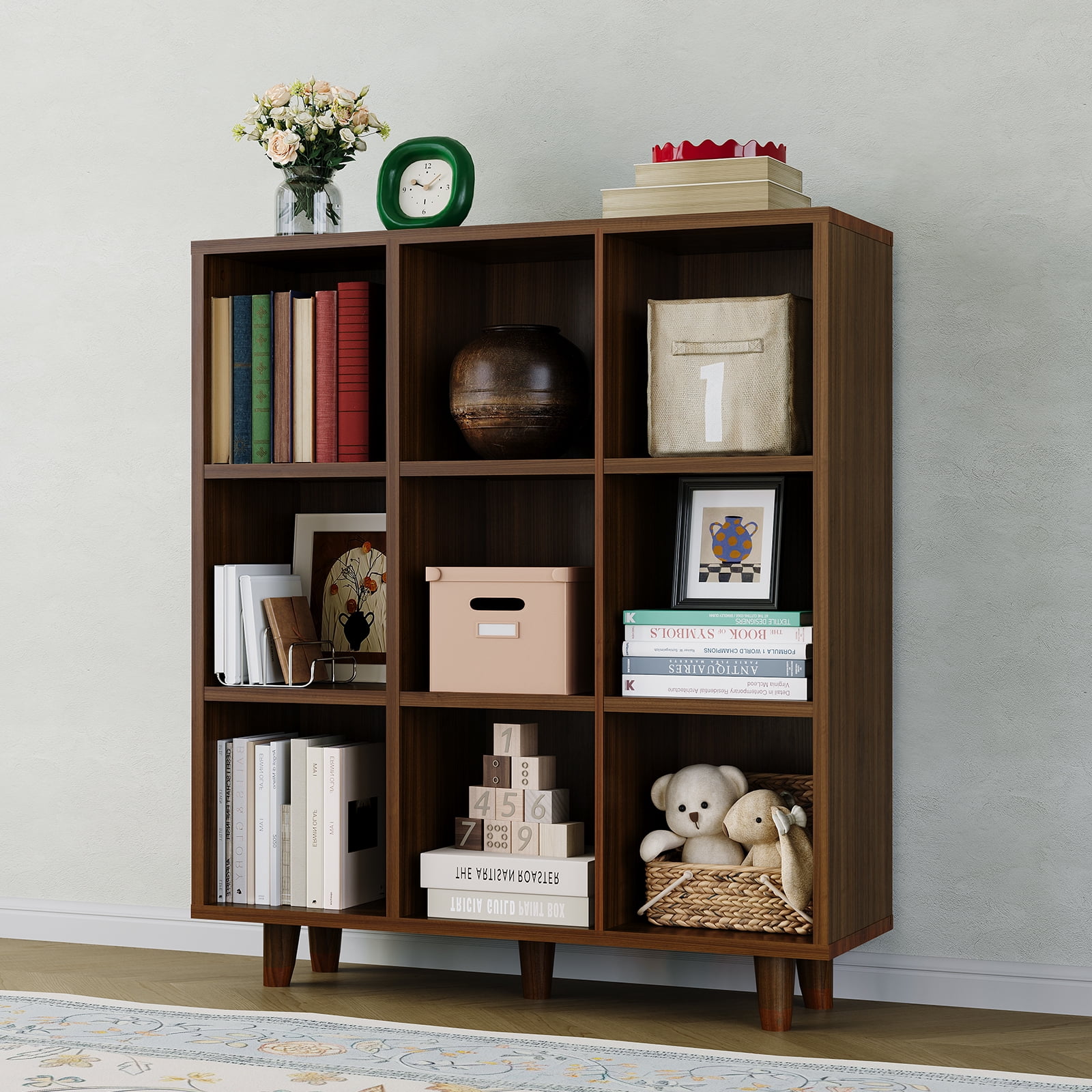 COZONY 9-Tier Mid-Century Modern Bookshelf with Rustic Brown Wood Cubes, Open Display Storage with Anti-Tipping Legs for Living Room, Home Office,Red Color