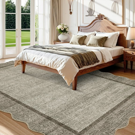 COZONY 9'x12' Large Washable Scalloped Area Rug, Non-Slip Low Pile Carpet, Stain-Resistant Geometric Floor Mat for Living Room, Brown