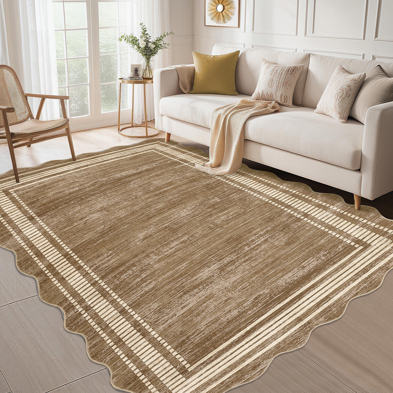 COZONY 9'x12' Modern Scalloped Washable Area Rug, Non-Slip Low-Pile Carpet for Living Room, Bedroom, Camel