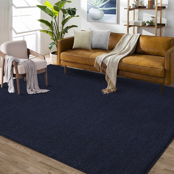COZONY 9'x12' Washable Area Rug, Modern Textured Low-Pile Polypropylene Carpet, Stain Resistant Non-Slip Solid Accent Rug for Living Room, Navy Blue