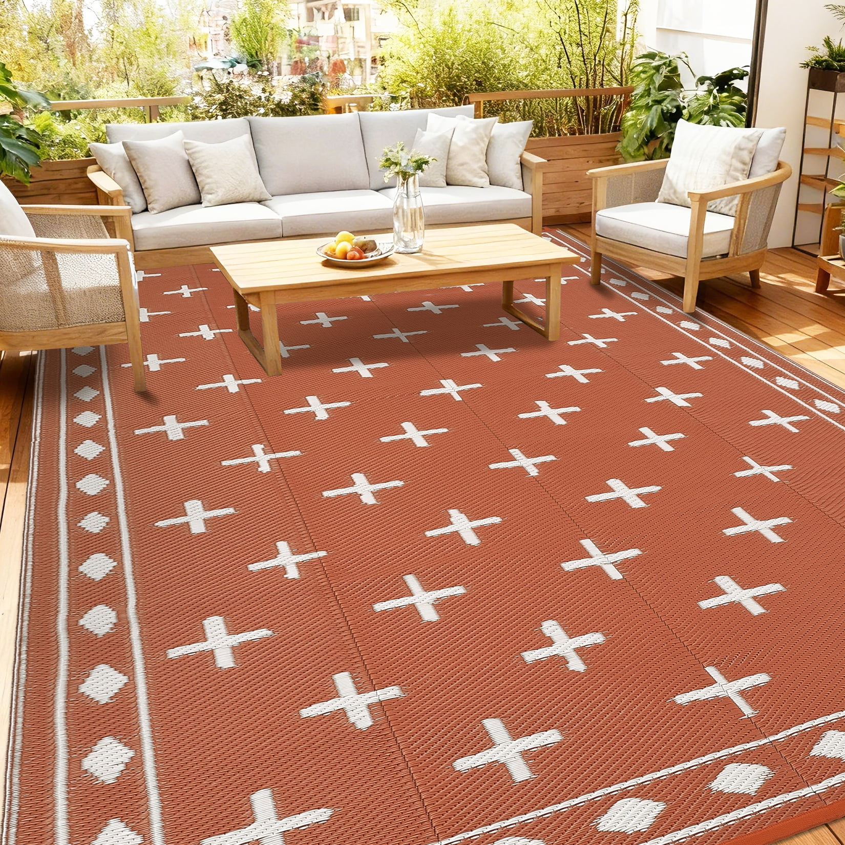 COZONY 9'x18' Outdoor Rug, Reversible Waterproof Plastic Straw Patio Mat, Large RV Camping Rug with Geometric Design for Deck, Bangeyard, Beach