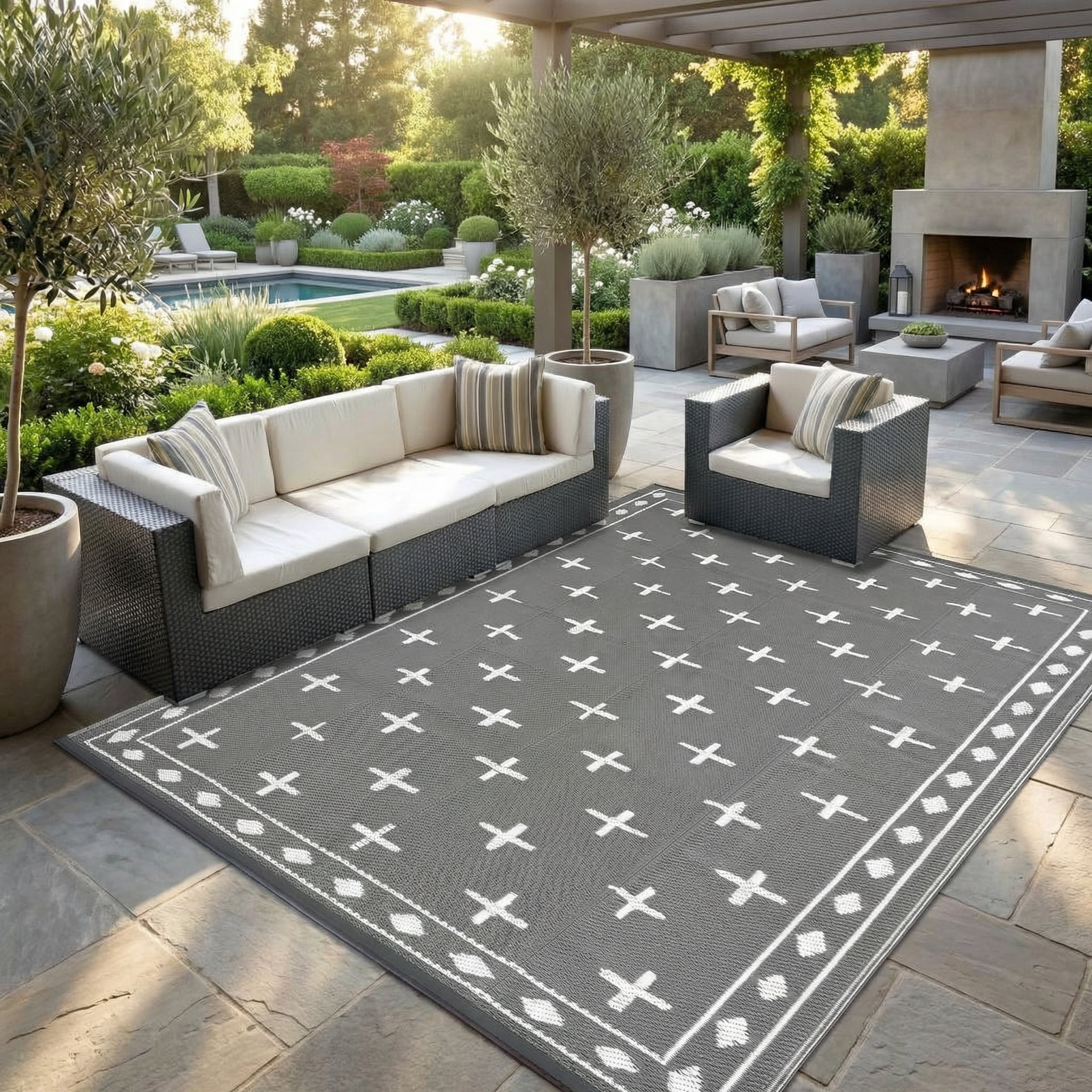 COZONY 9'x18' Outdoor Rug, Reversible Waterproof Plastic Straw Patio Mat, Large RV Camping Rug with Geometric Design for Deck, Bayyard, Beach