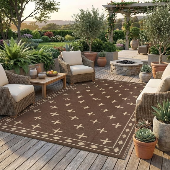 COZONY 9'x18' Outdoor Rug, Reversible Waterproof Plastic Straw Patio Mat, Large RV Camping Rug with Geometric Design for Deck, Bownyard, Beach