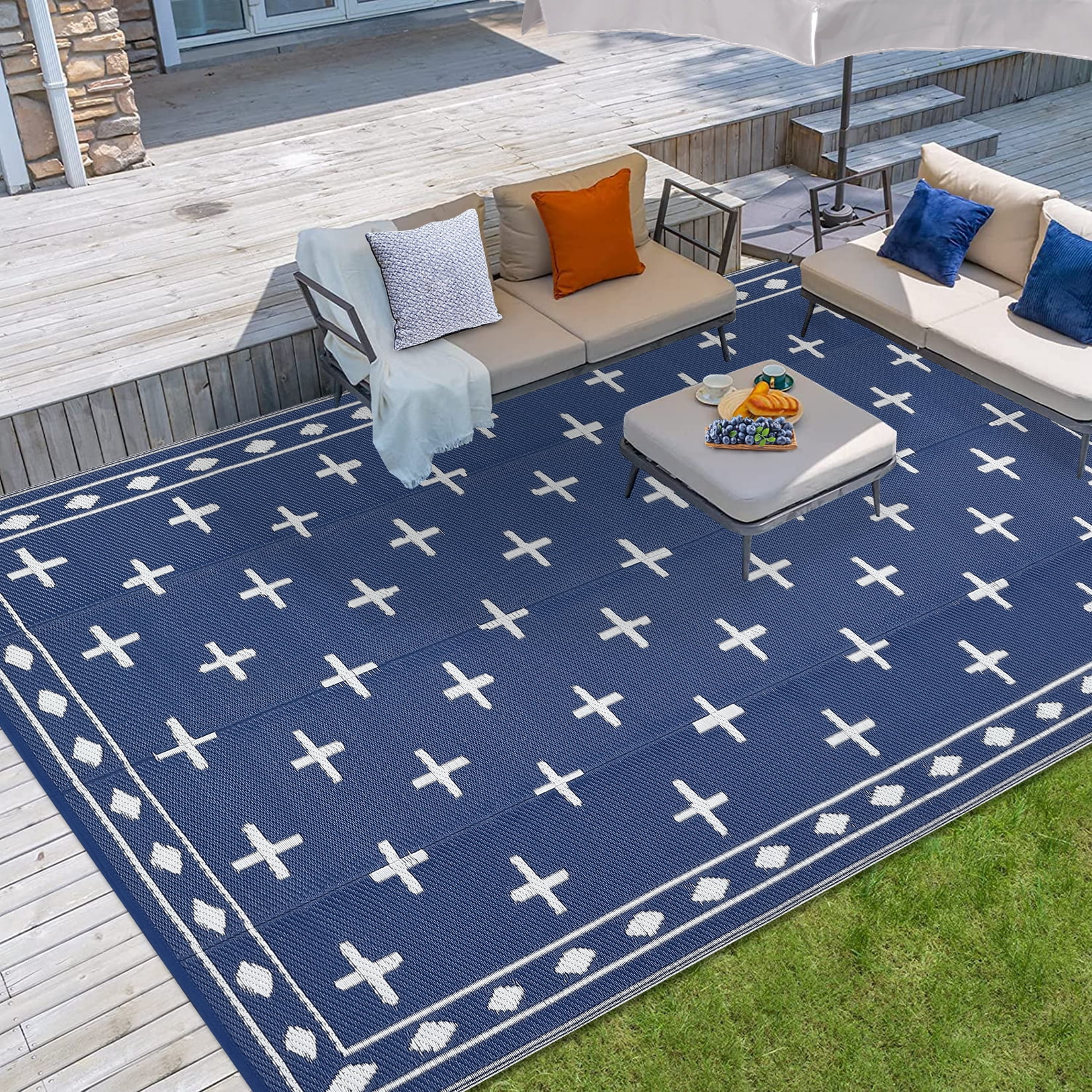 COZONY 9'x18' Outdoor Rug, Reversible Waterproof Plastic Straw Patio Mat, Large RV Camping Rug with Geometric Design for Deck, Bueyard, Beach