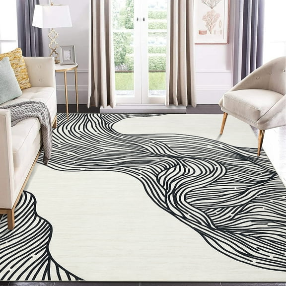 COZONY 9x12 Area Rug, Modern Abstract Washable Faux Wool Carpet with Non Slip TPR Backing, Low Pile Foldable Rug for Living Room Bedroom, Beige Black