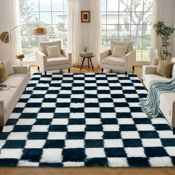 COZONY 9x12 Checkered Thick Area Rug, Oversized Soft Shag Rug with Non-Slip Backing for Conference Room, Navy Blue