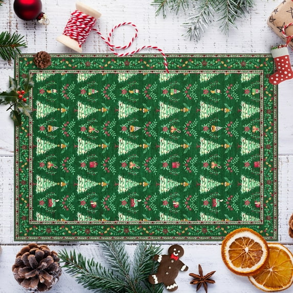 COZONY 9x12 Christmas Area Rug, Large Washable Foldable Rug for Conference Room, Ultra-Thin Non-Slip Holiday Carpet with Christmas Tree, Green