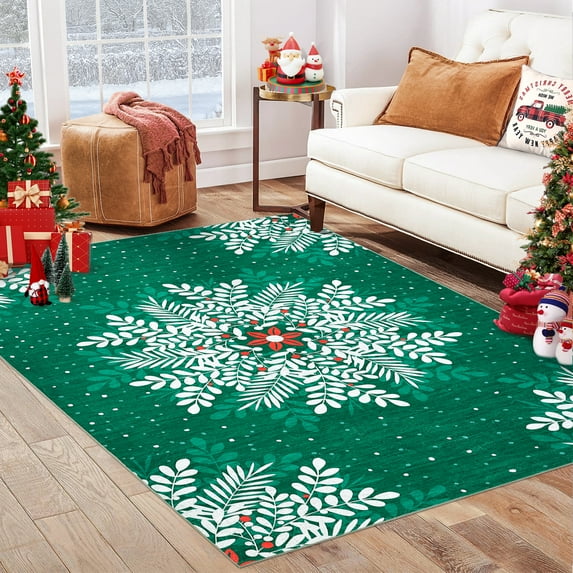 COZONY 9x12 Christmas Area Rug, Washable Snowflake Vintage Extra Large Rug, Soft Non-Slip Low Pile Living Room Rug, Green Holiday Decor