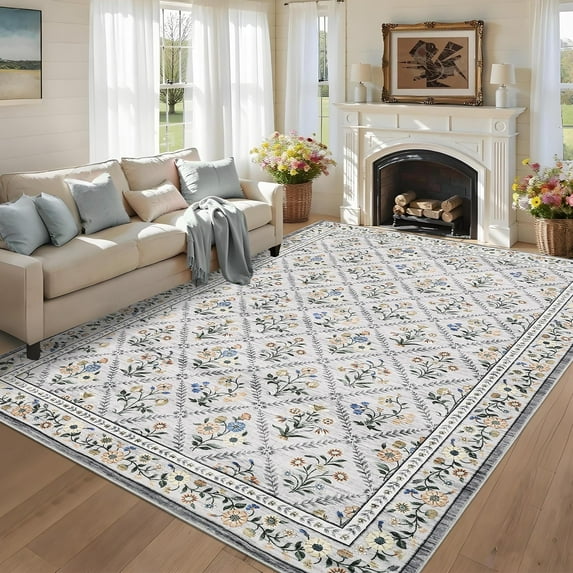 COZONY 9x12 Washable Area Rug, Distressed Vintage Floral, Non-Slip Low Pile Soft Rug for Living Room, Bedroom, Dining Room, Farmhouse Decor, Ash
