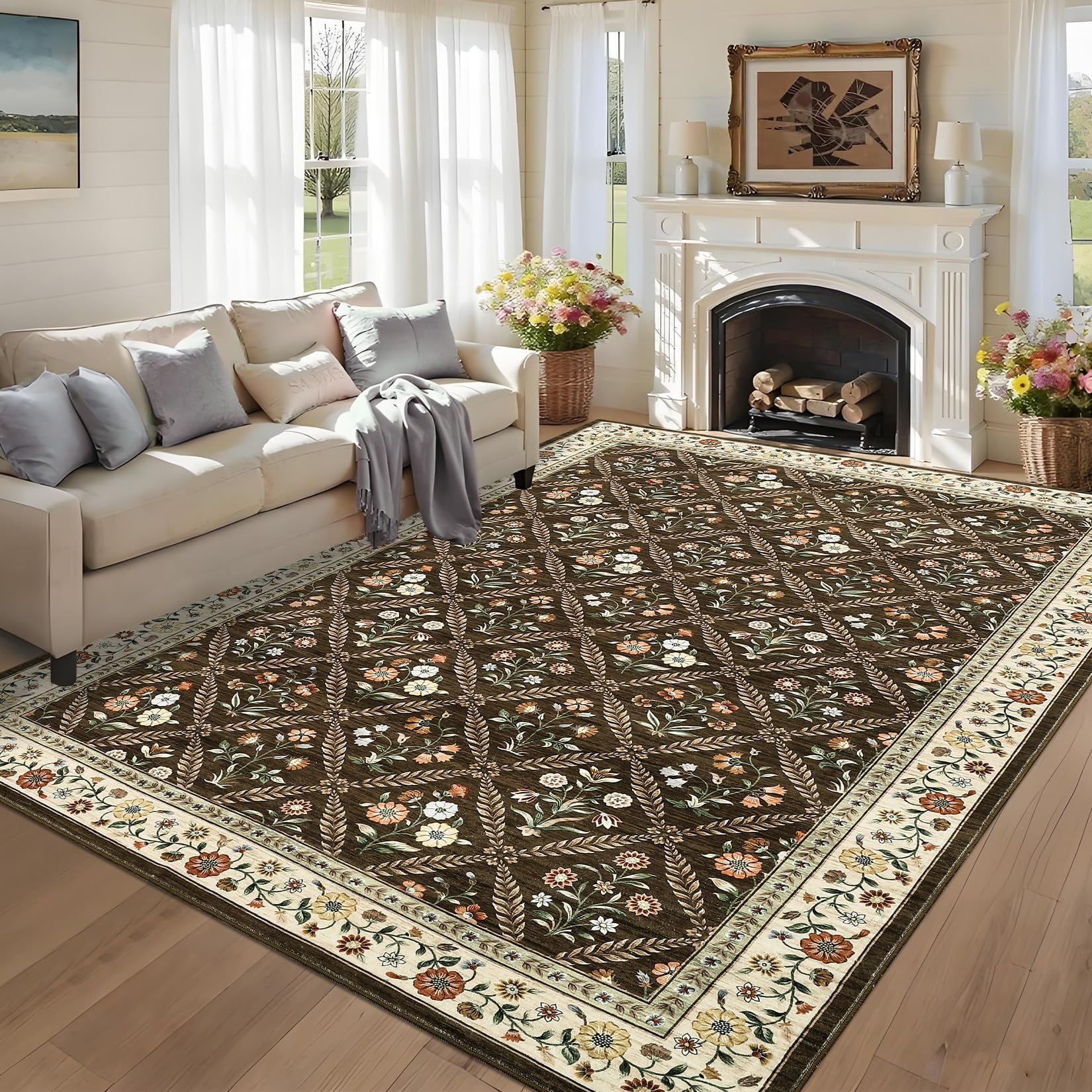 COZONY 9x12 Washable Area Rug, Distressed Vintage Floral, Non-Slip Low Pile Soft Rug for Living Room, Bedroom, Dining Room, Farmhouse Decor, Brown