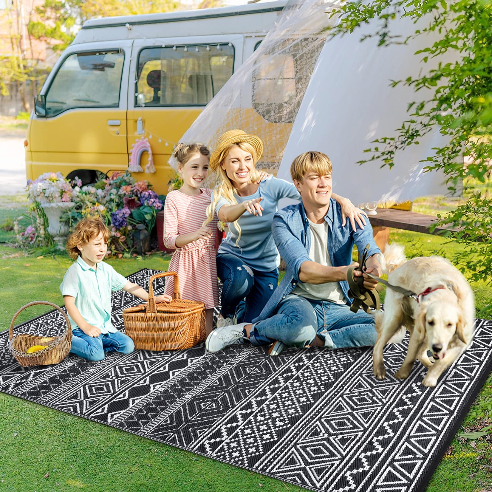 COZONY 9x12 ft Outdoor Rug, Reversible Waterproof Camping Mat, UV & Stain Resistant, Foldable for Backyard, Deck, Black and White