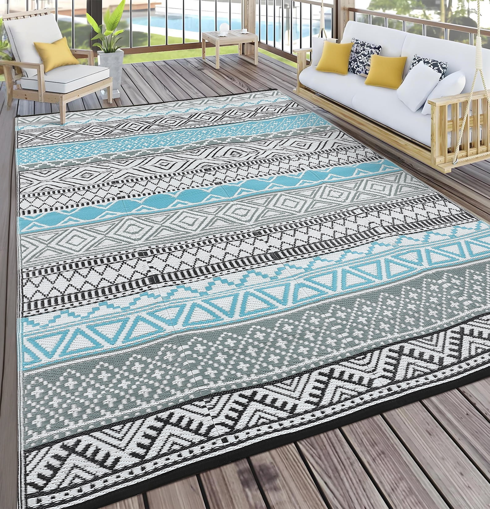 COZONY 9x12 ft Outdoor Rug, Reversible Waterproof Patio Mat, UV & Stain Resistant, Foldable for Garden, Campsite, Blue/Gray/Black/White