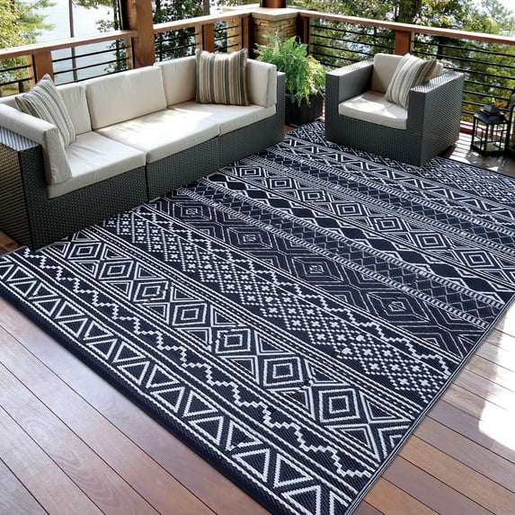 COZONY 9x18 ft Outdoor Rug, Extra Large Reversible Waterproof Outdoor Carpet, UV & Fade Resistant for Deck, Events, Black Blue/White