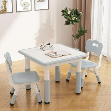 COZONY Adjustable Kids Table & 2 Chairs Set, 4 in 1 Toddler Activity Table Set with Graffiti Tabletop, Preschool Table Set for Reading, Drawing, Eating, Studying,Light Gray