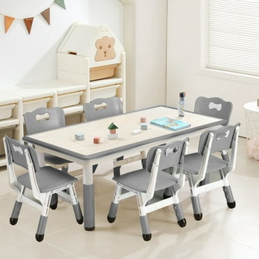 COZONY Adjustable Kids Table and 6 Chairs Set, Toddler Play Activity Table Set with Graffiti Desktop for Reading, Drawing, Eating, Studying, Aged for 2-10, Gray