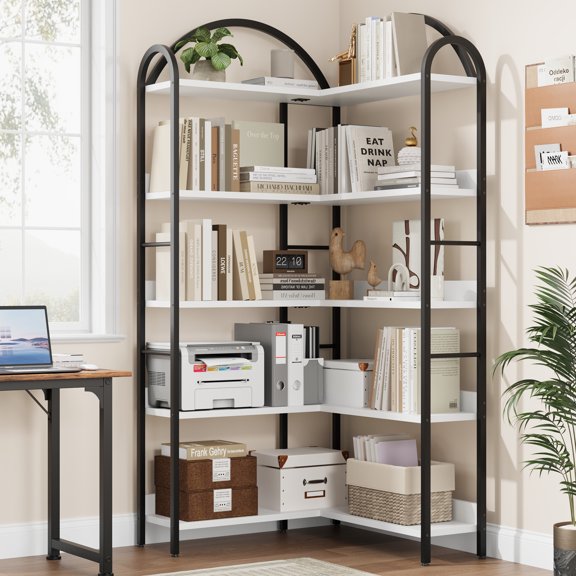 COZONY Arched Corner Bookshelf, 68.5" Industrial L-Shaped Display Rack, Metal Frame, Large Corner Storage Shelf for Living Room & Bedroom