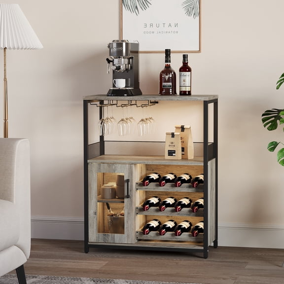 COZONY Bar Cabinet with LED Lights, Removable Wine Storage Sideboard Buffet with Glass Tray & Mesh Doors, Adjustable Feet
