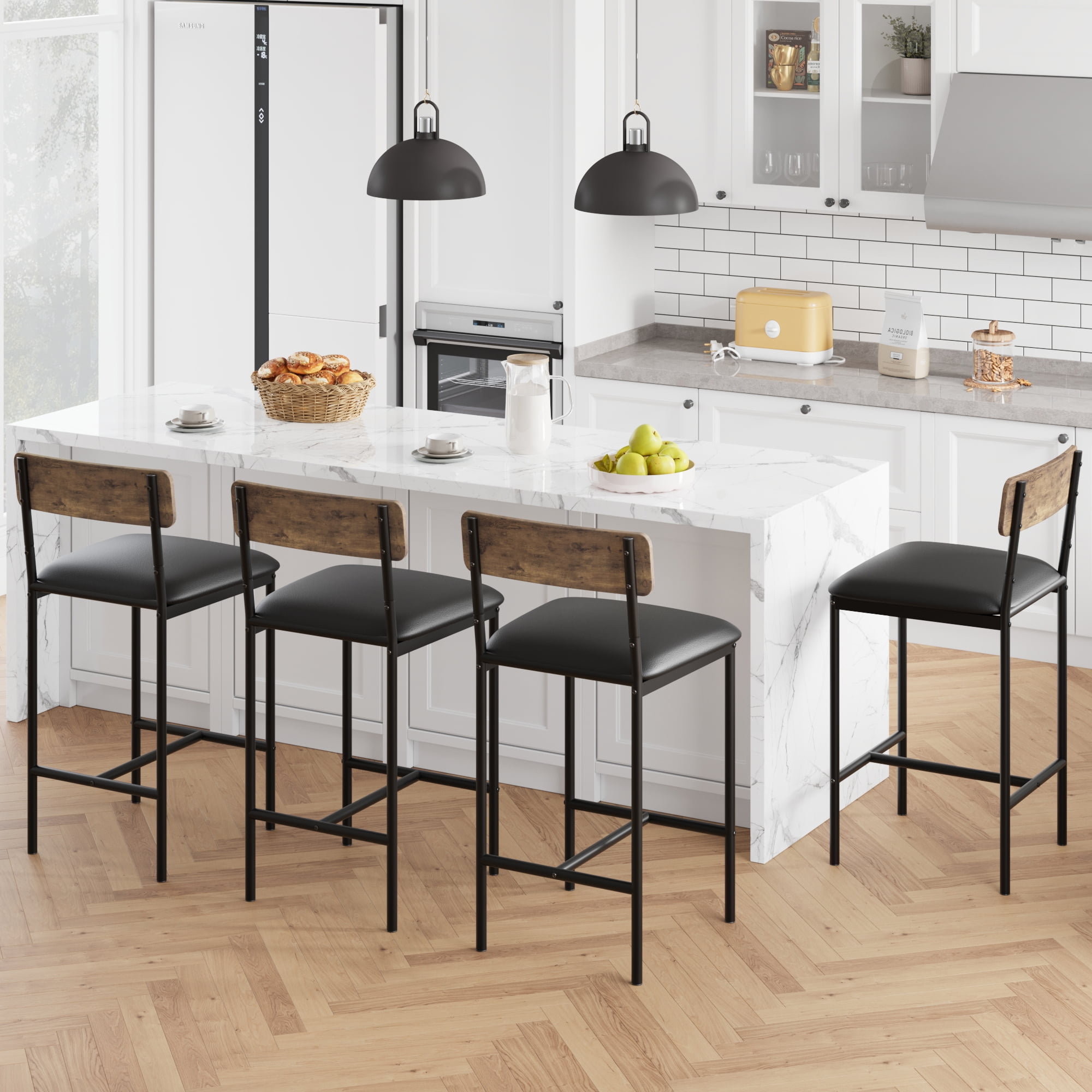 COZONY Barstools Set of 4, 37"H PU Upholstered Counter Bar Stools, Modern Armless Back Chairs, Kitchen, Living Room, Apartment, Dining Room, Pub, Retro Brown