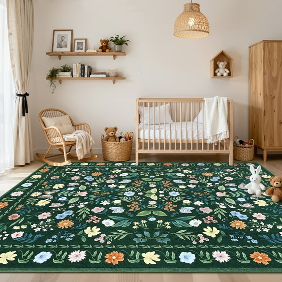 COZONY Boho Floral Area Rug 8x10 ft, Washable Low Pile Faux Wool Rug with Non-Slip Backing